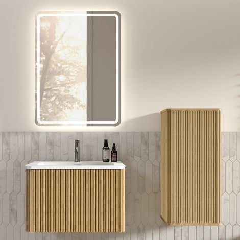 Set mobili bagno moderno con specchio LED, lavabo in superficie solida, mobile sospeso, rovere (1/5)