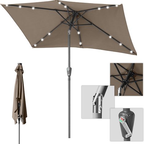 Randaco Parasol 140 × 210 cm UV50+, inclinable, sombrilla de jardín y playa con iluminación LED solar, lona con revestimiento PA, topo (1/5)