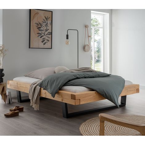 Massivholz Doppelbett, 180x200 cm, Fichte massiv, ohne Kopfteil, schwarze Metallkufen, UPPSALA-137, B/H/T ca. 198/42/228 cm (1/2)