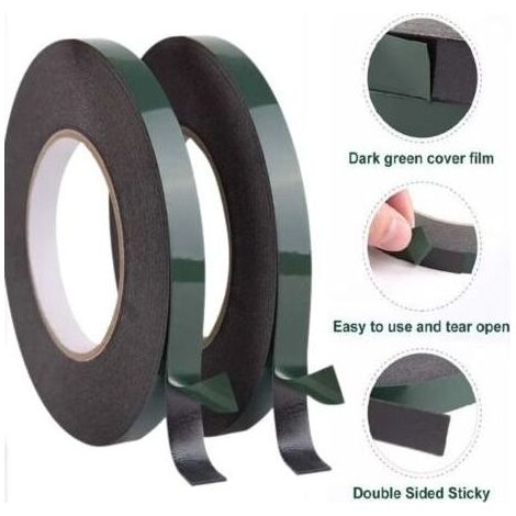 Ruban adhésif double face mousse noire 12mm Lot de 2 rouleaux 10m Adhésion durable pour montage de garnitures et plaques d'immatriculation 0.5 mm d'épaisseur (1/5)
