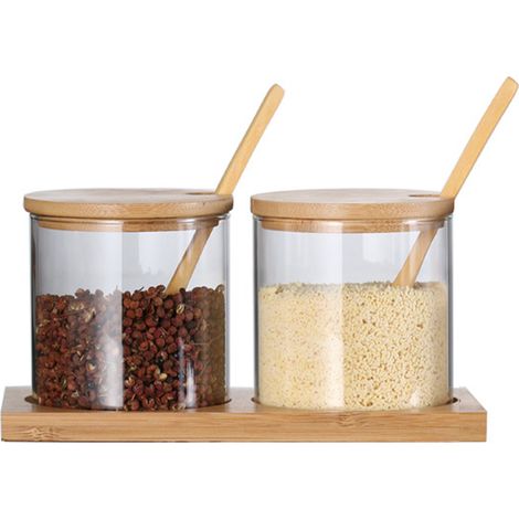 Lot de 3 pots à épices en verre transparent de 300 ml avec couvercle en bois et cuillère, 2 adorables sucriers, récipients de rangement pour sel de bain, poivre de cuisine (1/5)