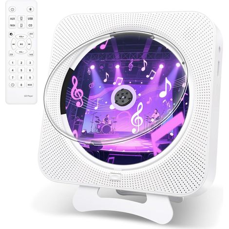 Portable Bluetooth CD Player, Desktop CD Player with Built-in HiFi Speaker, LED Audio Display with Remote Control FM Radio Plug USB AUX White (1/5)