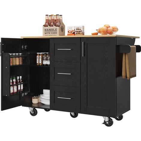 ELVMI Carrello da cucina con 3 cassetti, piano ribaltabile, portaasciugamani e ruote rimovibili, in MDF e metallo, 135 x 46 x 86.6 cm, nero (1/5)