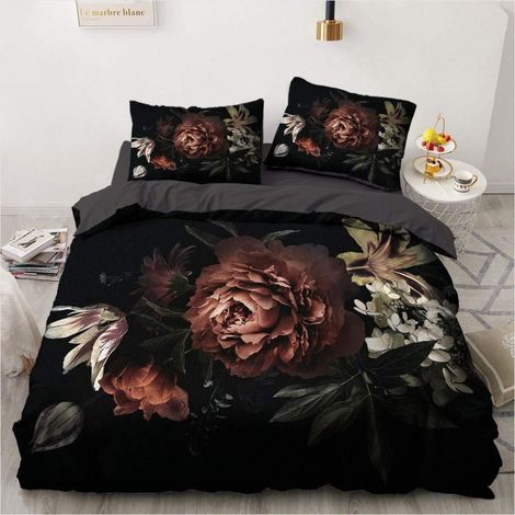Bettwäsche-Set 200x220cm Blumenmuster Schwarz mit 2 Kissenbezügen 80x80cm Mikrofaser Reißverschluss