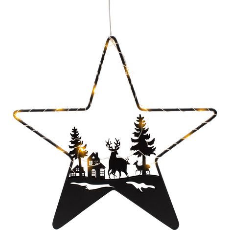LED Stern Silhouette schwarz mit Weihnachts Motiv - 30 cm - Deko Aufhänger mit 14 LED in warm weiß beleuchtet - Schattenbild Winter Szene Weihnachtsdeko Solhouettenbild