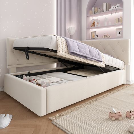 Einzelbett 90x200cm L-förmiges Design mit hydraulischem Stauraum, beigefarbener Samt (Matratze nicht im Lieferumfang enthalten) (1/5)