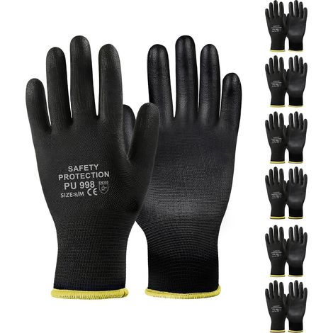 6 Paires Gants de Travail, Polyvalent Gants de Jardinage, Gants en Nylon Résistant à l'abrasion, Revêtement en PU pour Jardinage Industrielle Mecanique Assemblage Logistique (Noir, Taille M) (1/5)