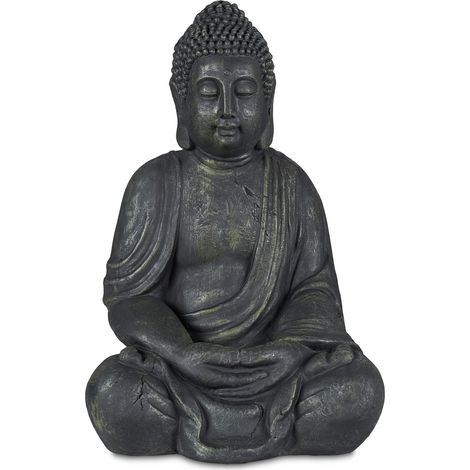 Relaxdays Statua del Buddha Seduto, Figura da Giardino Alta 70 cm, Resistente alle Intemperie e Gelo, Poliresina, Grigio