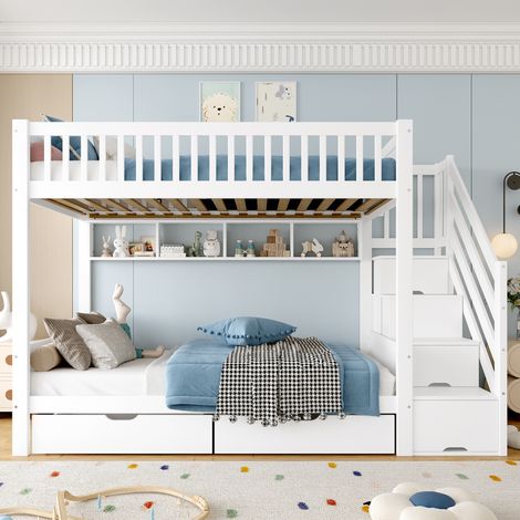 Lit mezzanine (sans matelas), lit enfant, avec tiroir, étagère, armoire et compartiment de rangement, 90 x 200 cm, blanc (1/5)