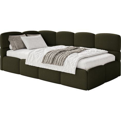 Selsey Cloudy – Einzelbett 120x200, Kopfteil links, Matratze & Bettkasten, Bouclé Olivgrün