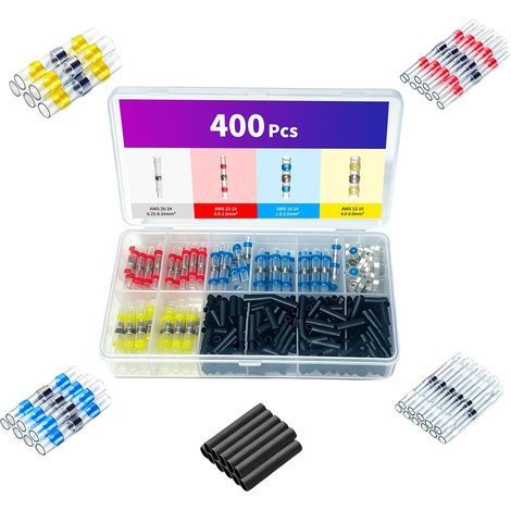 400 Stück Schrumpfschlauch-Stoßverbinder, 4 Größen (26–10 AWG 0,25–6,0 mm²), wasserdichtes Kabelverbinder-Set, für die Automobil-, Schiffs- und Elektronikindustrie (1/5)