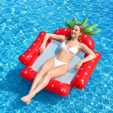 Materassino galleggiante per piscina - Amaca acquatica - Galleggiante gonfiabile a forma di fragola con schienale - Sedile in rete - PVC - 115 x 104 cm