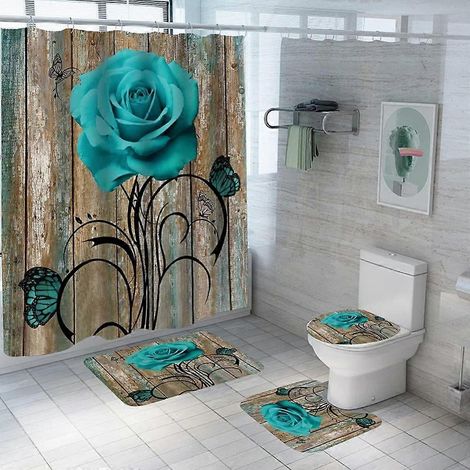 Ensemble de 4 pièces à motif chrysanthèmes avec rideau de douche, 12 crochets, tapis de bain antidérapant, housse de toilette, motif gouttes de pluie, fleurs bleu-vert, tissu imperméable (1/5)
