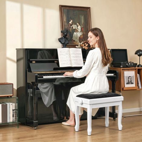 Banc de Piano Tabouret Réglable Hauteur 45-56 cm, Clavier, Siège Rembourré Velours, Blanc (1/5)