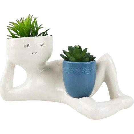 Pot de fleurs original et amusant avec système de drainage, représentant une personne se relaxant tenant un pot. Pots uniques compatibles avec les plantes grasses et les cactus. (1/5)