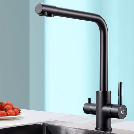 Robinet Cuisine 3 Voies, Mitigeur d'Évier avec Deux Sorties D'eau: Eau Filtrée et Eau Chaude/Froide - Bec Orientable 360° , Noir (1/5)