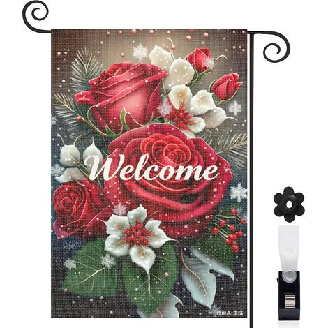 Drapeau de jardin Welcome et fleurs rouges et blanches 30 x 45 cm décoration cour et balcon (1/5)