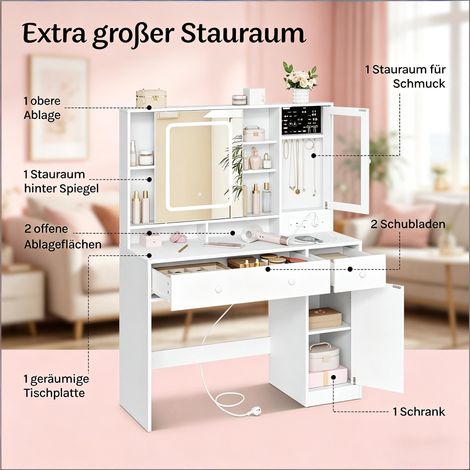 Table de rangement polyvalente, coiffeuse avec étagère réglable en hauteur, bureau de maquillage avec prise électrique (uniquement avec la table de maquillage) (1/5)
