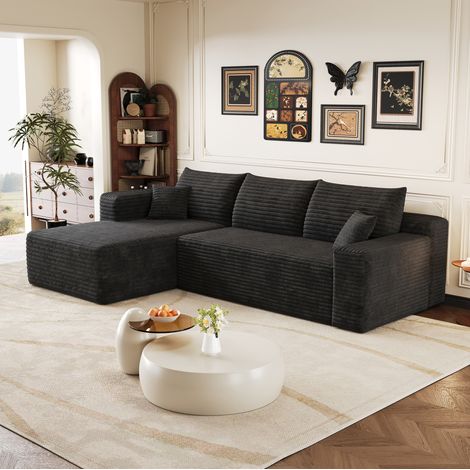Sofá de esquina 241/151/58 cm negro de corduroy suave, sin montaje y con chaise longue (1/5)
