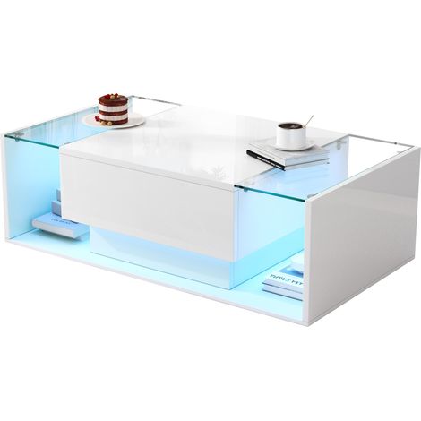 Table basse 100x50x31 cm avec 1 tiroir et bande LED, table d’appoint en verre trempé, table canapé brillante, design minimaliste, blanc