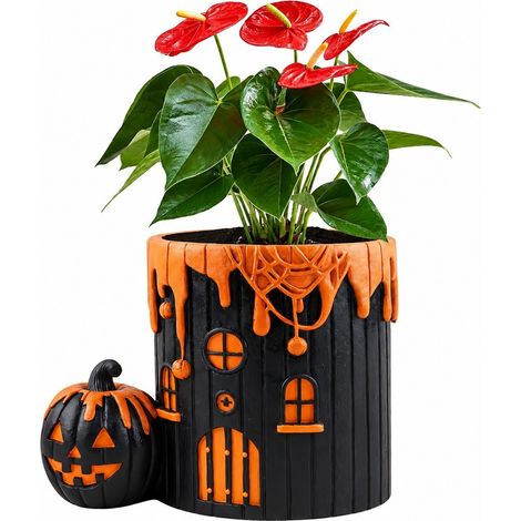 Pot de fleurs citrouille réaliste en résine, pot de fleurs d'Halloween pour la décoration intérieure et extérieure (1/5)
