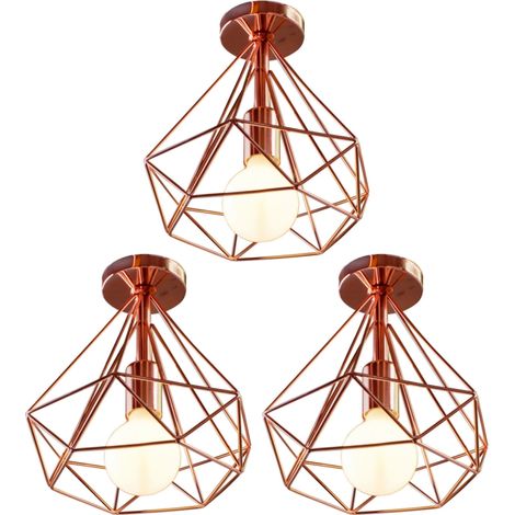 3 Piezas Lámparas de Techo Industrial Vintage Lámparas Colgante Metal Iluminación de Techo Jaula Diamante Oro Rosa Ø25cm