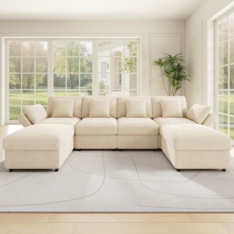 Modulares U‑/L‑förmiges Chenille‑Sofa mit 2 Hockern, umwandelbare Eckcouch mit verstellbaren Armlehnen, Cloud‑Sofa‑Design, inkl. 4 Dekokissen und 2 Kopfstützen, Chenille‑Stoff, Beige