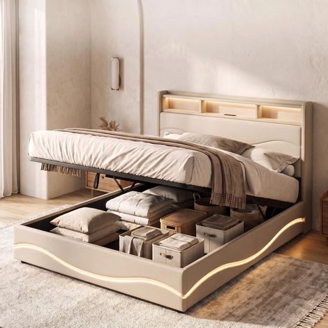 Lit coffre 140x190 Patbrela ,Tête de lit avec rangement et chargement USB,lumières LED,Dossier souple, tissu velours, beige (1/5)