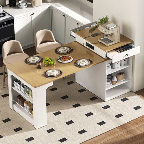 Isla de cocina extensible con enchufes, almacenaje y ruedas, blanco y madera-FLORAGRACE (1/5)
