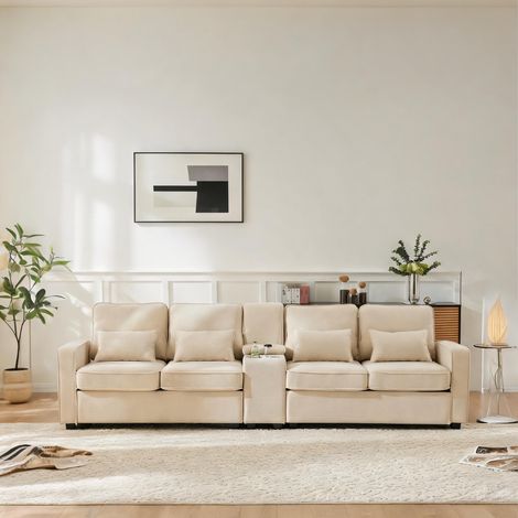 Canapé fixe 4-5 places en lin beige avec console 290 x 83 x 88 cm (1/5)
