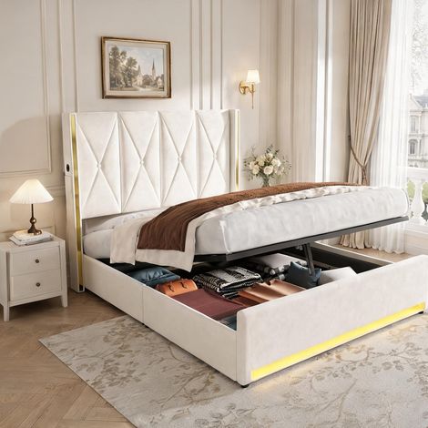 Cadre de lit beige en velours 170 x 213 x 141 cm (1/5)