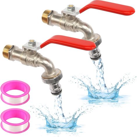 Lot de 2 robinets de jardin 1/2" en laiton - Robinet extérieur avec bande d'étanchéité à rouleau - Robinet d'extérieur - Robinet de vidange pour jardin, machine à laver, citerne (1/5)