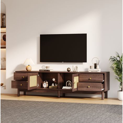 Mobile TV 180 x 35 x 44 cm in truciolare marrone con ante in rattan, per TV 80 pollici - CHICFURN (1/5)