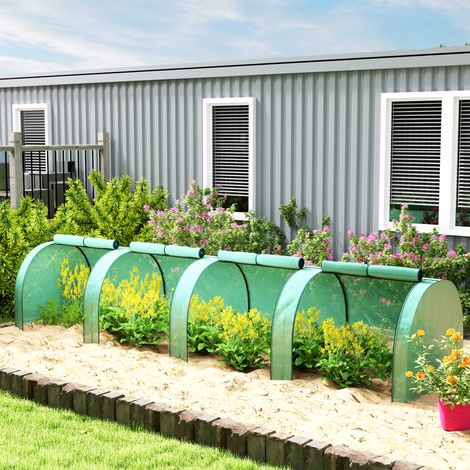 Mini serra da giardino, serra per pomodori, 4 x 1 x 0,80 m, acciaio, PE resistente ai raggi UV, 4 porte con cerniere avvolgibili, verde