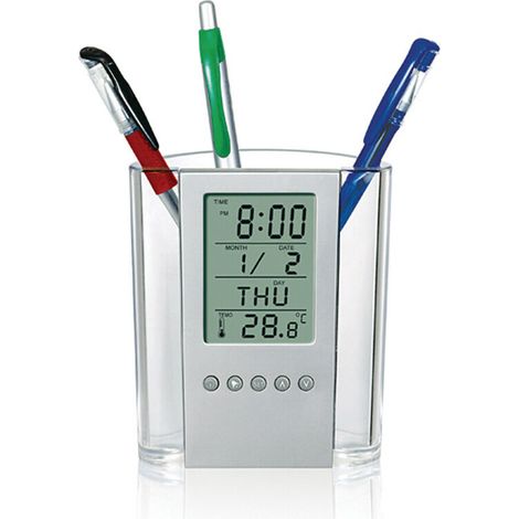 Porte-stylo numérique, horloge de bureau LCD, réveil, porte-crayons, calendrier, minuteur, thermomètre, horloge électronique de bureau (1/4)