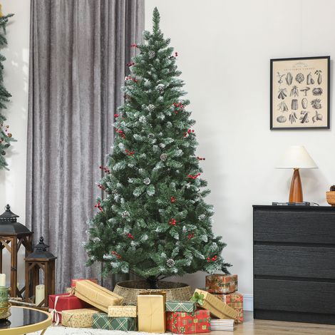 Sapin de Noël Vert 210 cm d'intérieur, 928 branches, décoré de pommes de pin et baies rouges, pied en métal robuste. Idéal pour une ambiance festive. (1/5)