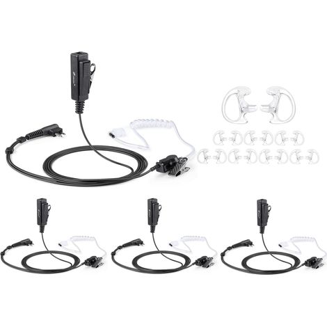 Set of 4 acoustic tube surveillance headsets with earpiece and push-to-talk microphone, compatible with Motorola 2-pin two-way walkie-talkies