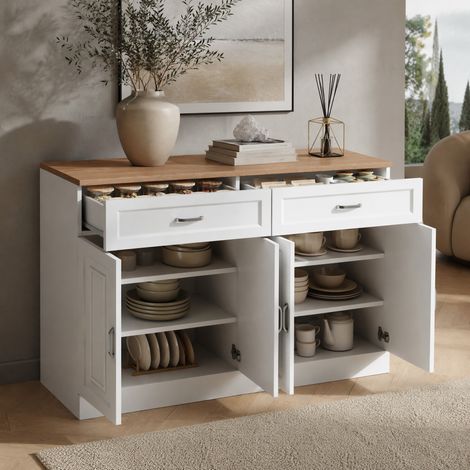 MEUBLIV Buffet 120 x 35 x 80,5 cm blanc et bois – 4 portes, 2 tiroirs (1/5)