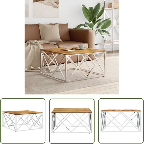 The Living Store Couchtisch Silbern Edelstahl und Massivholz Akazie - Esszimmertisch - Couchtisch - Wohnzimmertisch - Holztisch - Metalltisch (1/5)