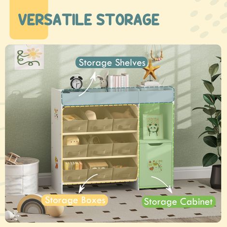 Meuble de rangement blanc pour jouets avec 9 bacs en tissu non tissé et étagères, idéal pour la chambre d'enfant ou la salle de jeux. (1/5)