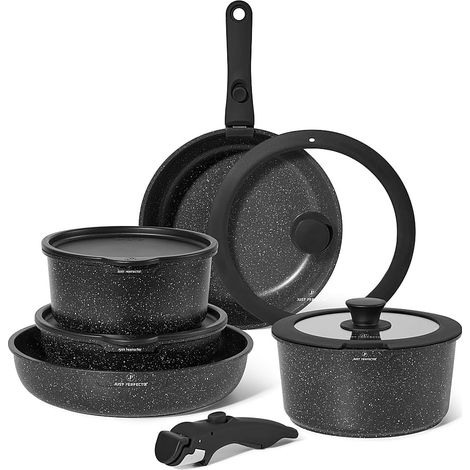 Ensemble de 11 pièces de batterie de cuisine en granit, poignées amovibles