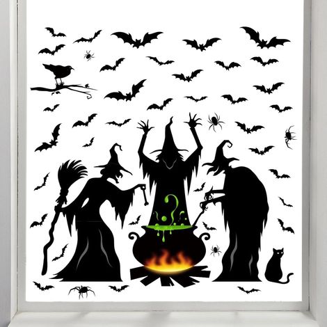 Halloween Fenster-Aufkleber Hexenkessel Fledermäuse Muster Aufkleber Deko Halloween Fensteraufkleber für Geschäfte, Restaurants, Schulen, Wohnheime, Partys, Räume, Zuhause, Glaswände (1/5)