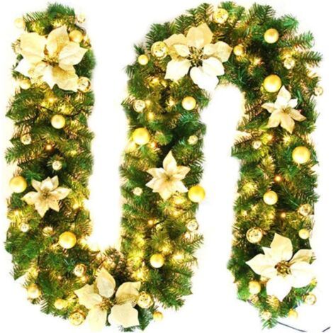 Décoration de guirlande de Noël avec des lumières, plantes de vigne artificielles en rotin de Noël avec des fleurs et des ornements de boules, décoration de manteau de cheminée d'intérieur et d (1/4)