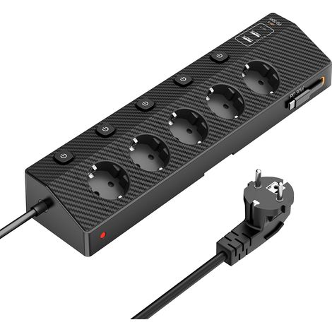 Multiprise de table avec 2 ports USB C (PD 30 W) - Multiprise 5 prises avec interrupteur - Multiprise avec USB - 4000 W/16 A - Avec câble de 2 m - Pour la maison, le bureau et les voyages - Noir - 3 m (1/5)