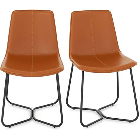 Costway – Lot de 2 chaises cuisine PU marron – Pieds métalliques – Dossier incurvé pour confort – Chaise moderne sans accoudoirs 47cm hauteur d'assise (1/5)