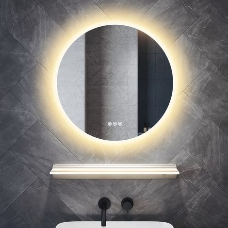 SONNI Runder LED Badezimmerspiegel mit Beleuchteter Ablage Bluetooth, Spiegel mit Anti-Beschlag 3 Einstellbare Lichtfarben und Memory-Funktion, 60×60cm