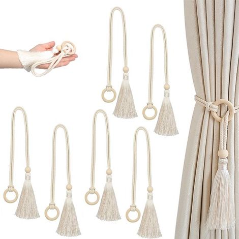 Set da 6 pezzi - Fermacravatte per tende - Fermacravatte per tende beige con nappe - Stile bohémien - Accessori per tende per soggiorni e uffici - Decorazioni per la casa (1/5)