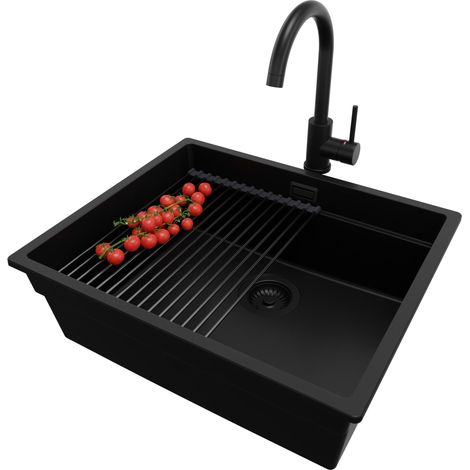 PRIMAGRAN Evier Cuisine en Granit 56x47cm, Lavabo 1 bac + Kit de Vidage + Accessoire, Évier à Encastrer au meuble 60cm - Prague Slim, Tout Noir (1/5)