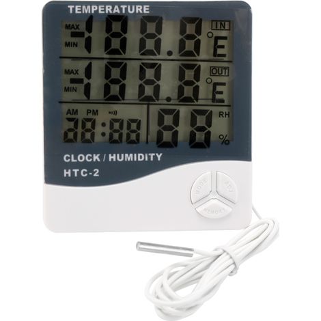 HTC-2 Thermomètre et hygromètre numérique à grand écran pour intérieur et extérieur, avec affichage de la température et de l'humidité, calendrier, alarme (1/5)