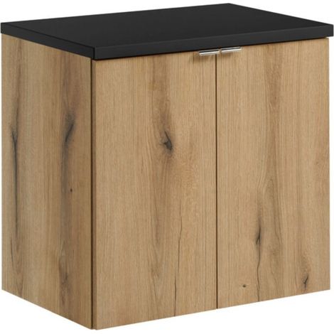 Hängendes Badezimmer-Set VANO in Eichen- und Schwarzoptik 60cm: Unterschrank mit Schränken + Platte für Waschbecken